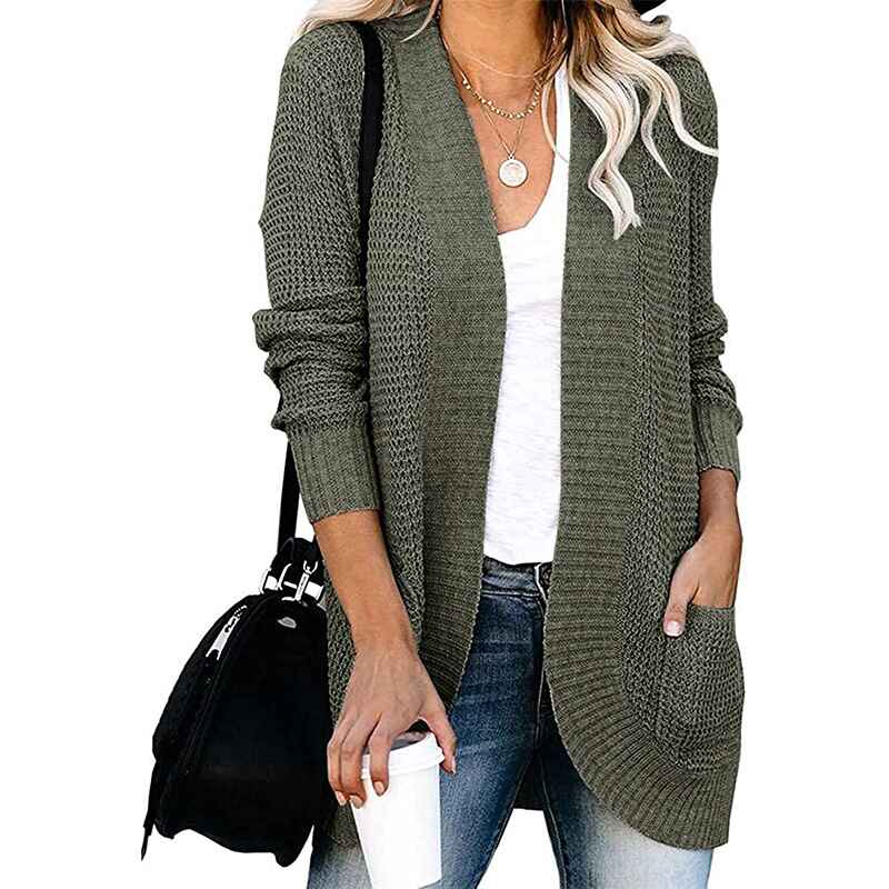 Army-Green-FallWinterWomens-Open-Front-Long-Sleeve-Loose-Slouchy-Waffle-Chunky-Knit-Cardigan-Sweater-with-Pockets-K026