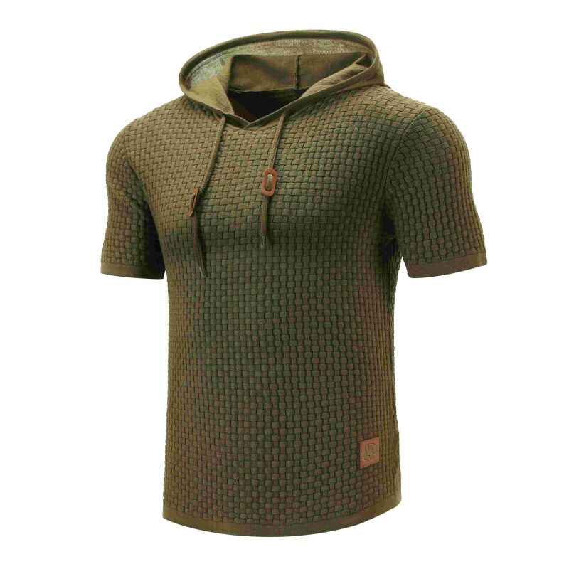 Army-Green-Mens-Hooded-Sweatshirt-Short-Sleeve-Solid-Knitted-Hoodie-Pullover-Sweater-G081-Side
