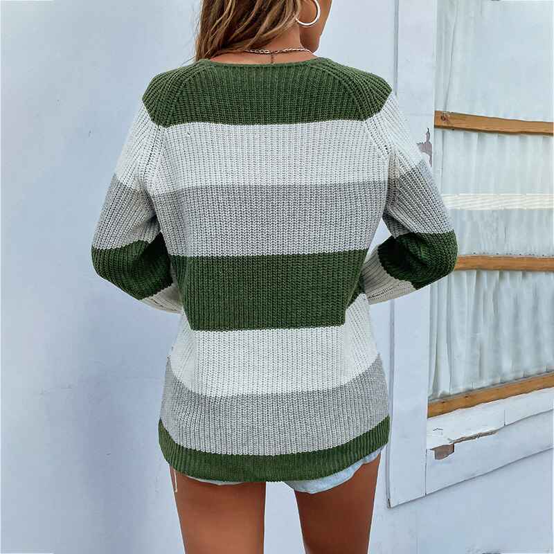 Army-Green-Womens-Colorblock-Round-Neck-Pullover-Sweater-Long-Sleeve-Ribbed-Knit-Jumper-Top-K245-Back