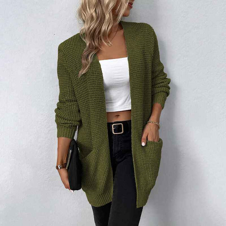 Army-Green-Womens-Long-Sleeve-Open-Front-Waffle-Chunky-Knit-Cardigan-Sweater-Outwear-with-Pockets-K408