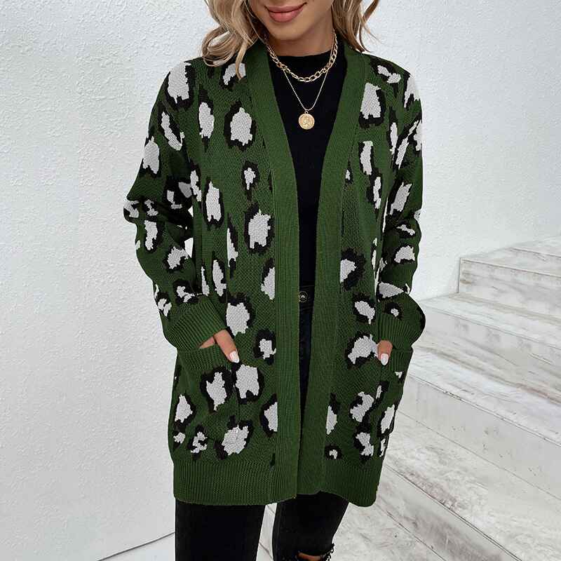 Army-Green-Womens-Open-Front-Leopard-Knit-Cardigan-Sweaters-Pockets-Long-Sleeve-Outwear-K272