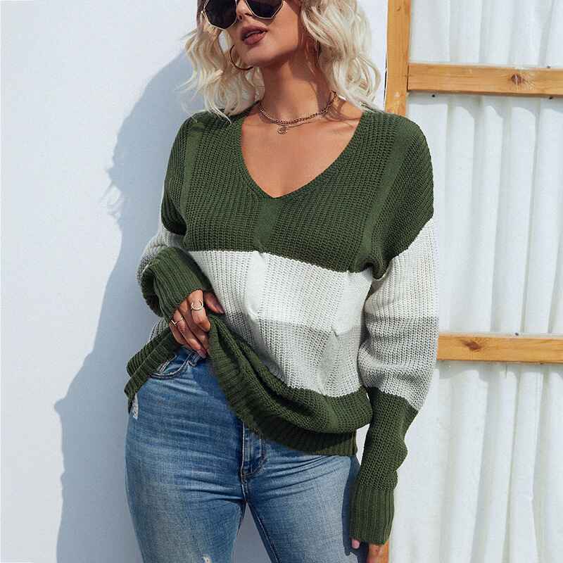 Army-Green-Womens-V-Neck-Sweater-Long-Sleeve-Oversized-Cable-Knit-Pullover-Jumper-Tops-K257-Front