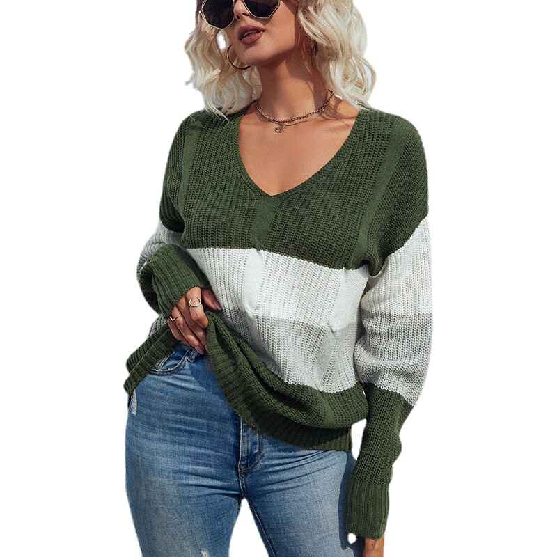     Army-Green-Womens-V-Neck-Sweater-Long-Sleeve-Oversized-Cable-Knit-Pullover-Jumper-Tops-K257