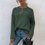 Army-Green-Womens-Waffle-Knit-V-Neck-Sweater-Casual-Long-Sleeve-Side-Slit-Button-Henley-Pullover-Jumper-Top-K412