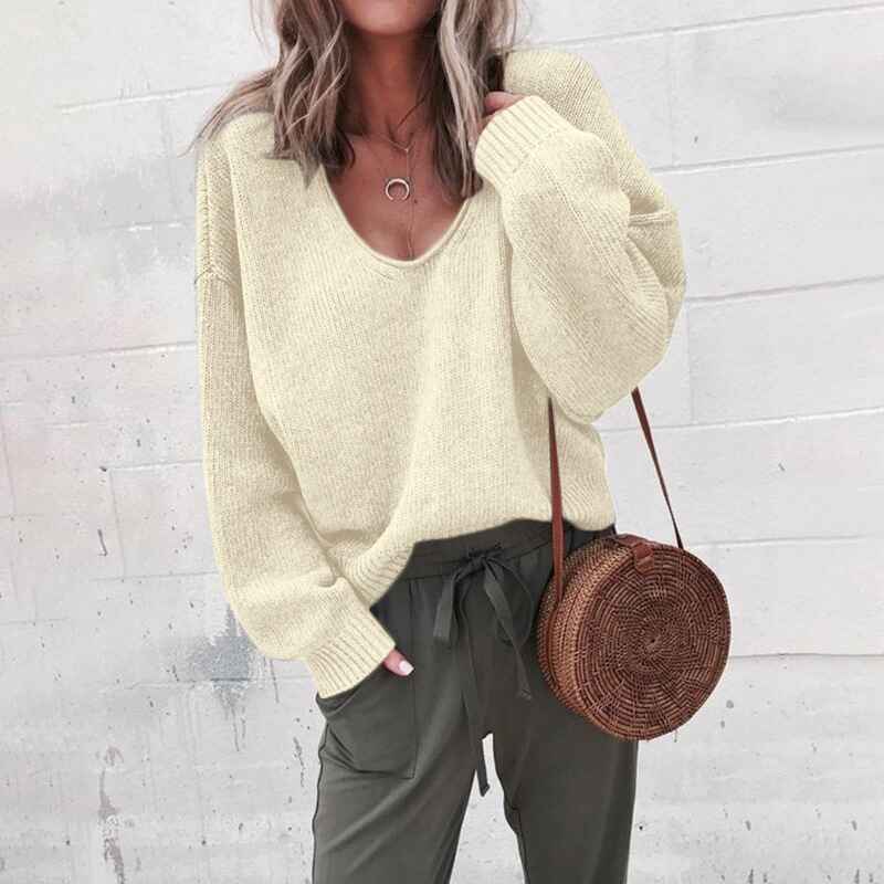     Beige-Sweaters-for-Women-Long-Sleeve-V-Neck-Solid-Color-Fashion-Tops-K007