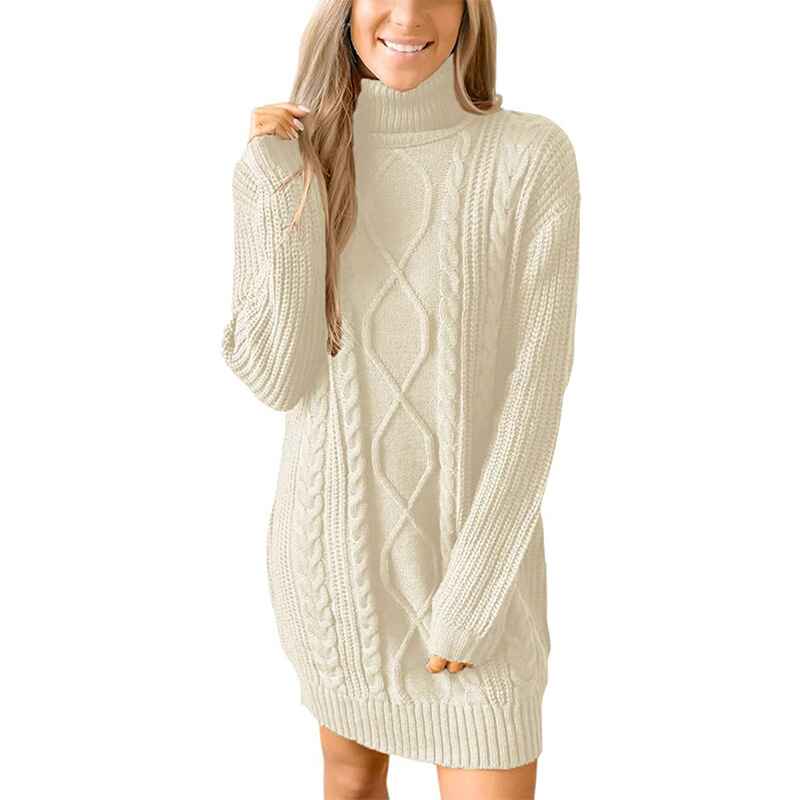 Beige-Women-Turtleneck-Cable-Knit-Sweater-Dress-Casual-Loose-Long-Sleeve-Mini-Pullover-K056
