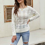     Beige-Womens-Crochet-Hollow-Out-Crewneck-Long-Sleeve-Knit-Sweaters-Pullover-Jumper-Tops-K095