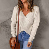     Beige-Womens-Long-Sleeve-Cross-Wrap-V-Neck-Knit-Sweater-Off-Shoulder-Backless-Casual-Solid-Pullover-Tops-K129-Front
