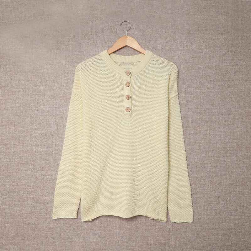    Beige-Womens-Waffle-Knit-V-Neck-Sweater-Casual-Long-Sleeve-Side-Slit-Button-Henley-Pullover-Jumper-Top-K189