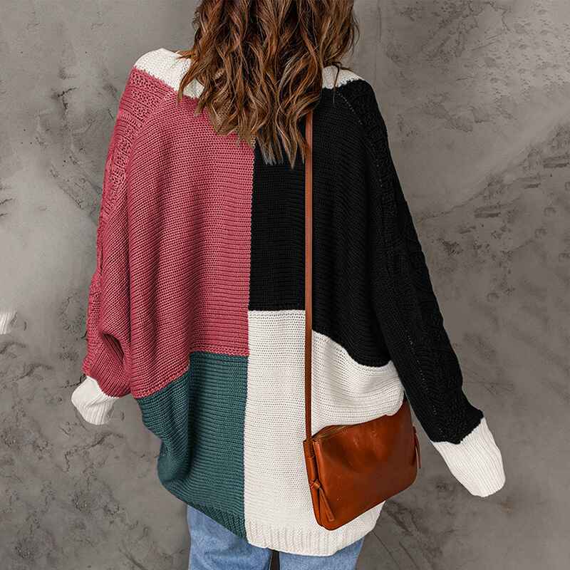 Black-Cardigan-Sweater-for-Women-Casual-Long-Sleeve-Color-Block-Cable-Chunky-Knit-Open-Front-Cardigan-Outwear-K105-Back