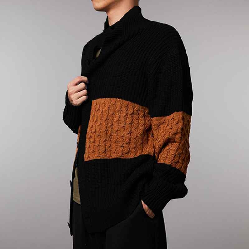 Black-Mens-Cardigan-Sweater-Stand-Collar-Button-Down-Color-Block-Cable-Knitted-Chunky-Cardigans-G057