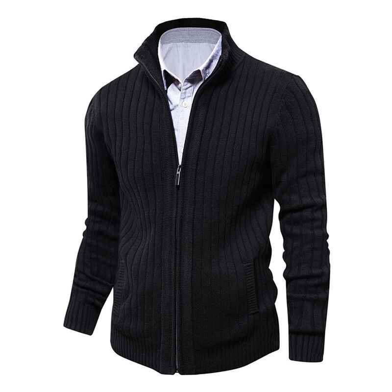    Black-Mens-Cardigan-Sweaters-Full-Zip-Up-Stand-Collar-Slim-Fit-Casual-Knitted-Sweater-with-2-Front-Pockets-G047