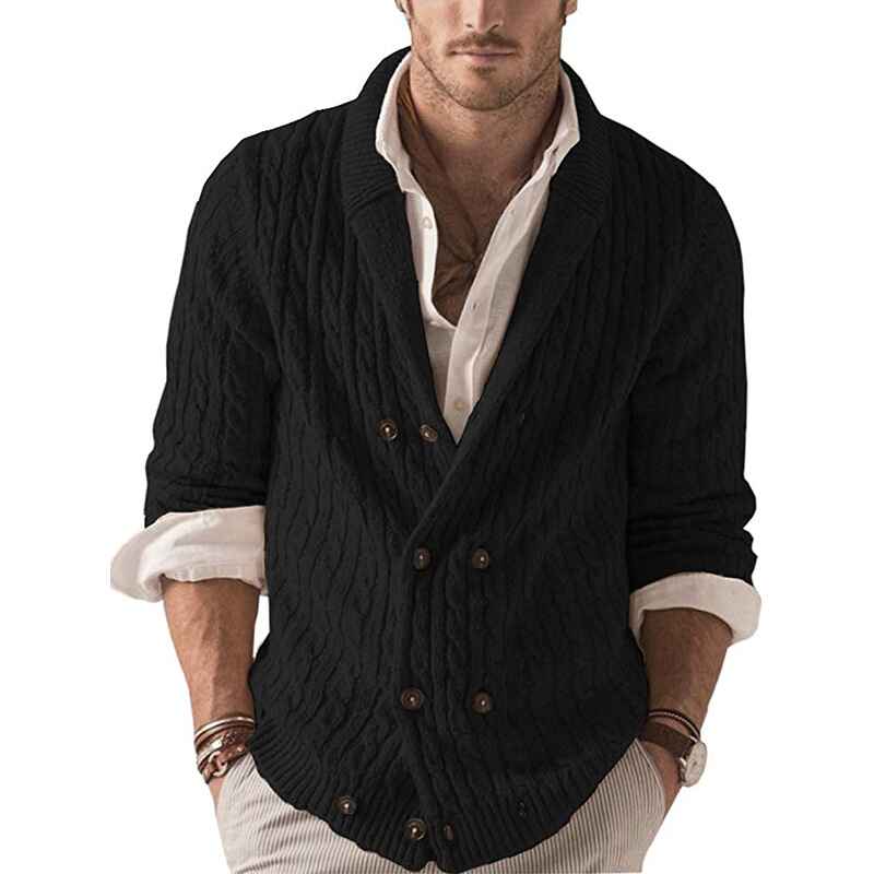 Black-Mens-Casual-Long-Sleeve-Shawl-Collar-Buttons-Down-Cable-Knit-Cardigan-Sweater-G038