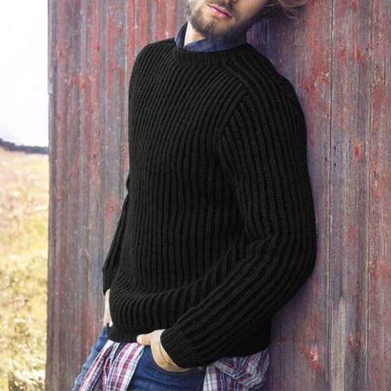    Black-Mens-Crewneck-Cable-Cotton-Sweater-G030