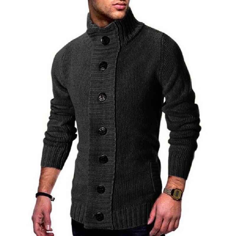    Black-Mens-Fashion-Casual-Slim-Fit-Button-Down-Cable-Knitted-Stand-Collar-Cardigan-Sweater-G028