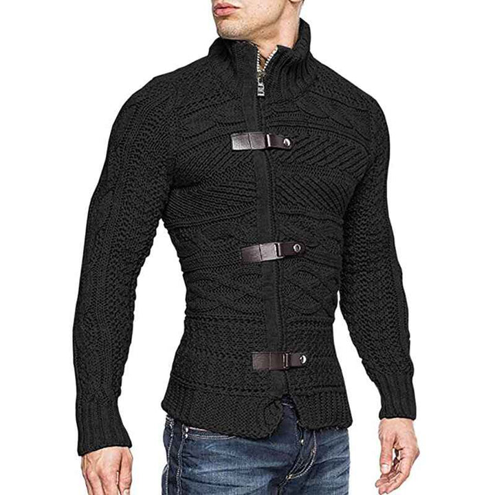 Black-Mens-Fashion-Casual-Slim-Fit-Button-Down-Cable-Knitted-Stand-Collar-Cardigan-Sweater-G031-side