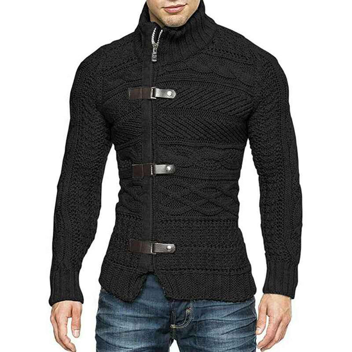 Black-Mens-Fashion-Casual-Slim-Fit-Button-Down-Cable-Knitted-Stand-Collar-Cardigan-Sweater-G031