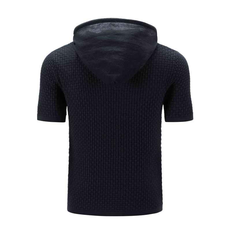 Black-Mens-Hooded-Sweatshirt-Short-Sleeve-Solid-Knitted-Hoodie-Pullover-Sweater-G081-Back