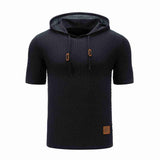 Black-Mens-Hooded-Sweatshirt-Short-Sleeve-Solid-Knitted-Hoodie-Pullover-Sweater-G081-Front