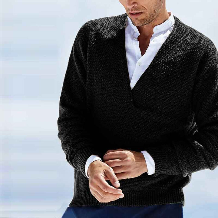Black-Mens-Knit-V-Neck-Sweater-Cashmere-Wool-Long-Sleeve-Classic-Pullover-G018