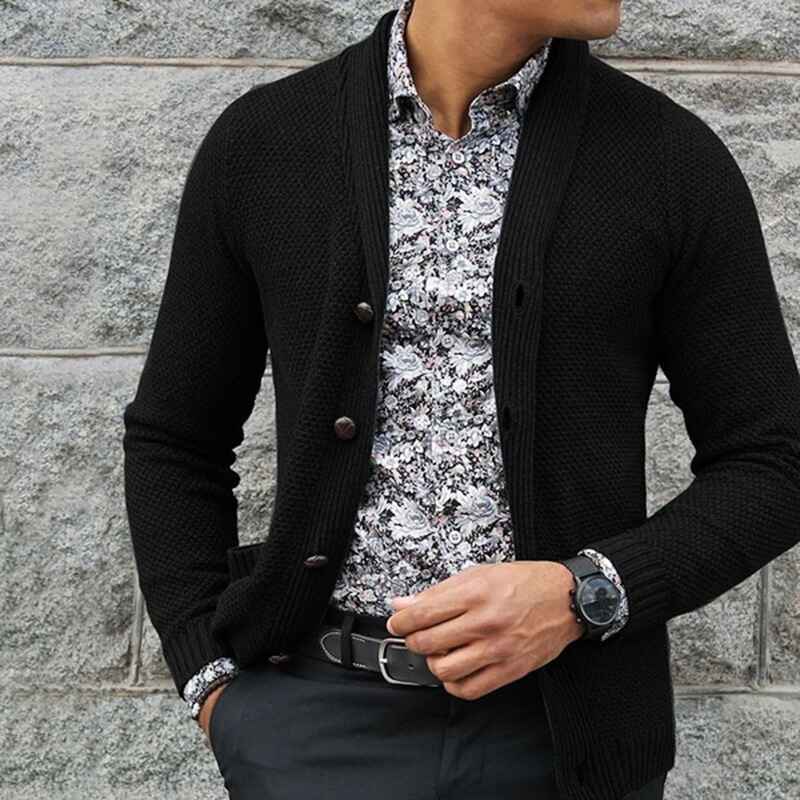 Black-Mens-Soft-Cotton-Shawl-Cardigan-Sweater-G035