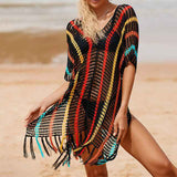    Black-Red-Stripe-Womens-beach-color-matching-hollow-knitted-blouse-sunscreen-knitted-dress