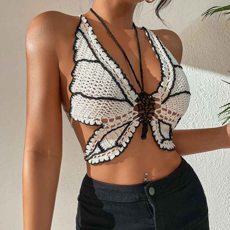 Black-Stripe-Womens-Summer-Beach-Backless-Crochet-Halter-Bikini-Crop-Top-K567-Front