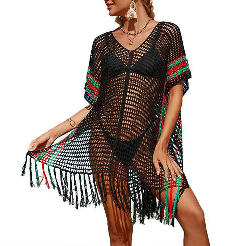    Black-Stripe-Womens-beach-color-matching-hollow-knitted-blouse-sunscreen-knitted-dress