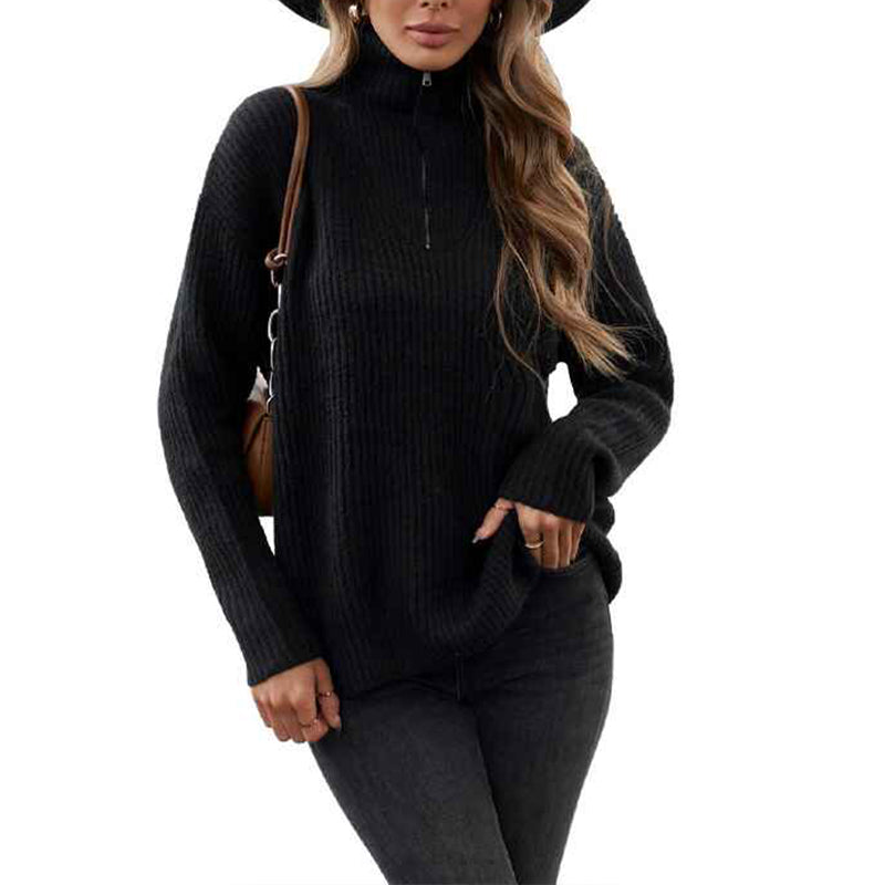 Black-Womens-1-4-Zipper-Long-Sleeve-V-Neck-Collar-Casual-Oversized-Ribbed-Knit-Pullover-Tunic-Sweater-K190