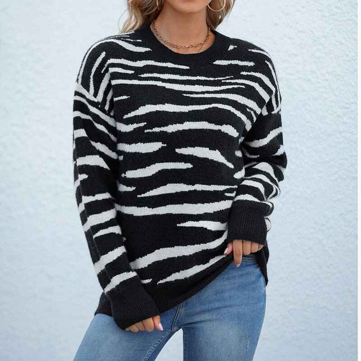 Black-Womens-2022-Fall-Winter-Casual-Long-Sleeve-Crew-Neck-Zebra-Striped-Print-Color-Block-Knit-Sweater-Pullover-Tops-K495-Back-Front-2