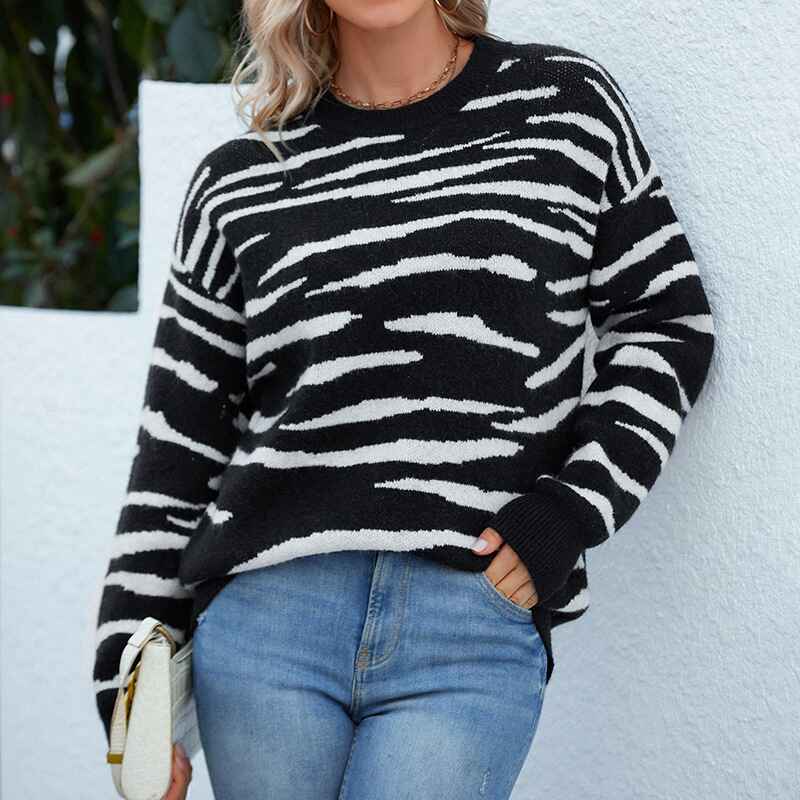Black-Womens-2022-Fall-Winter-Casual-Long-Sleeve-Crew-Neck-Zebra-Striped-Print-Color-Block-Knit-Sweater-Pullover-Tops-K495-Back-Front