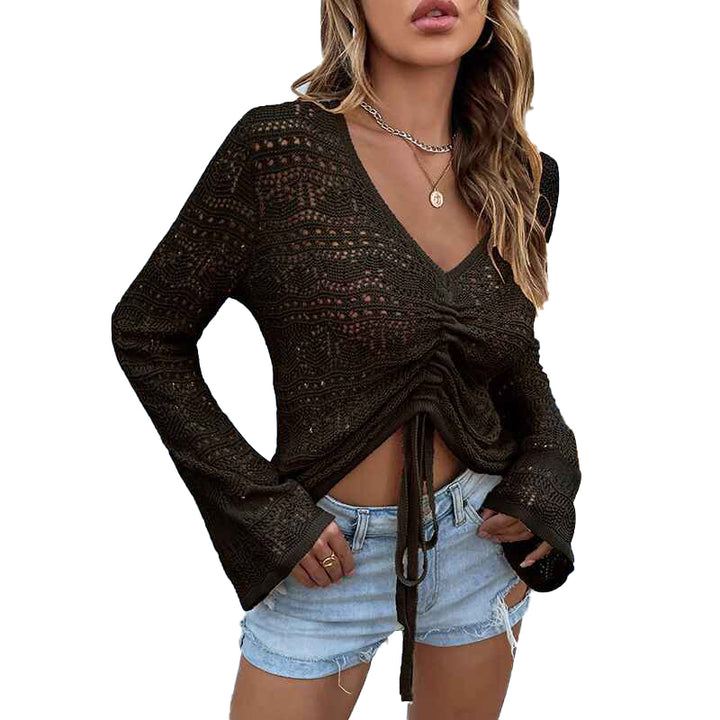 Black-Womens-Boho-Off-Shoulder-Sheer-Crop-Tops-Bell-Sleeve-Flowy-Oversized-Crochet-Ruched-Pullover-Sweaters-K215