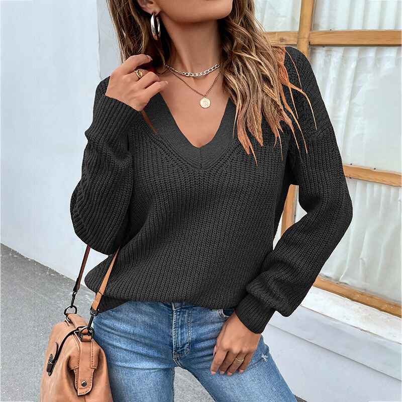    Black-Womens-Casual-Chocker-Neck-Halter-Sweater-Solid-Long-Sleeve-Loose-Fit-Hollow-Out-V-Neck-Pullover-Knitted-Tops-K247