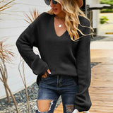 Black-Womens-Casual-Knitwear-Pullover-Sweater-Soild-Color-V-Neck-Loose-Long-Sleeve-Knit-Jumper-Tops-K444