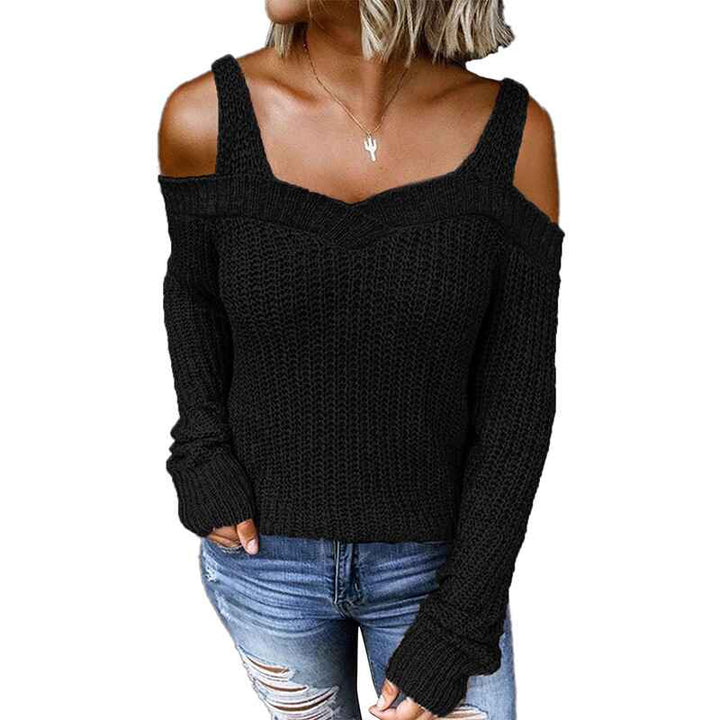 Black-Womens-Casual-Long-Sleeve-V-Neck-Cold-Shoulder-Knitted-Pullover-Sweater-Top-K197-tops-Front