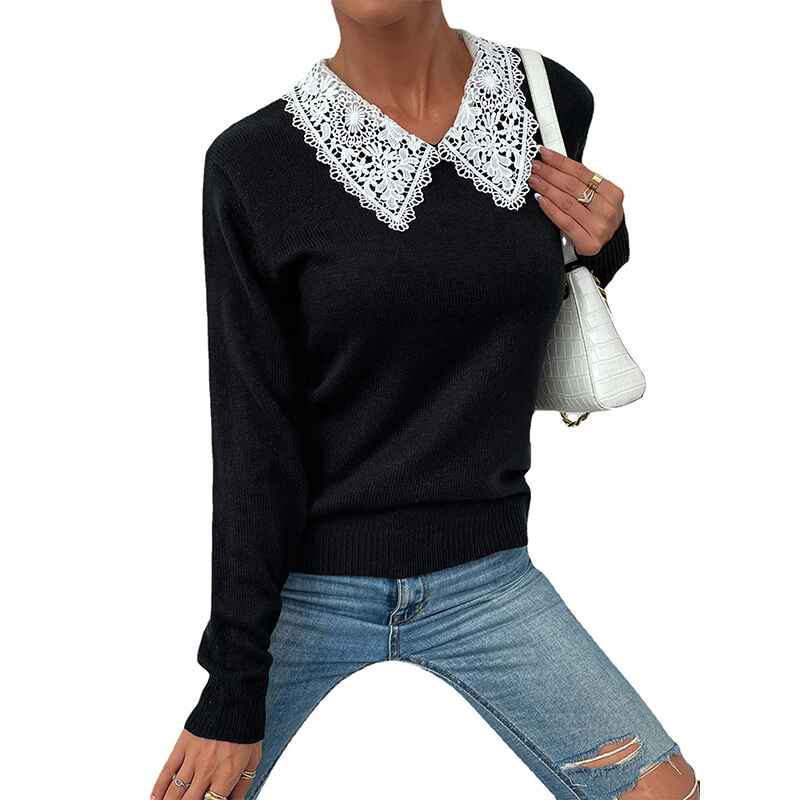Black-Womens-Collared-Knit-Sweater-V-Neck-Long-Sleeve-Loose-Fit-Oversized-Pullover-Tops-K314