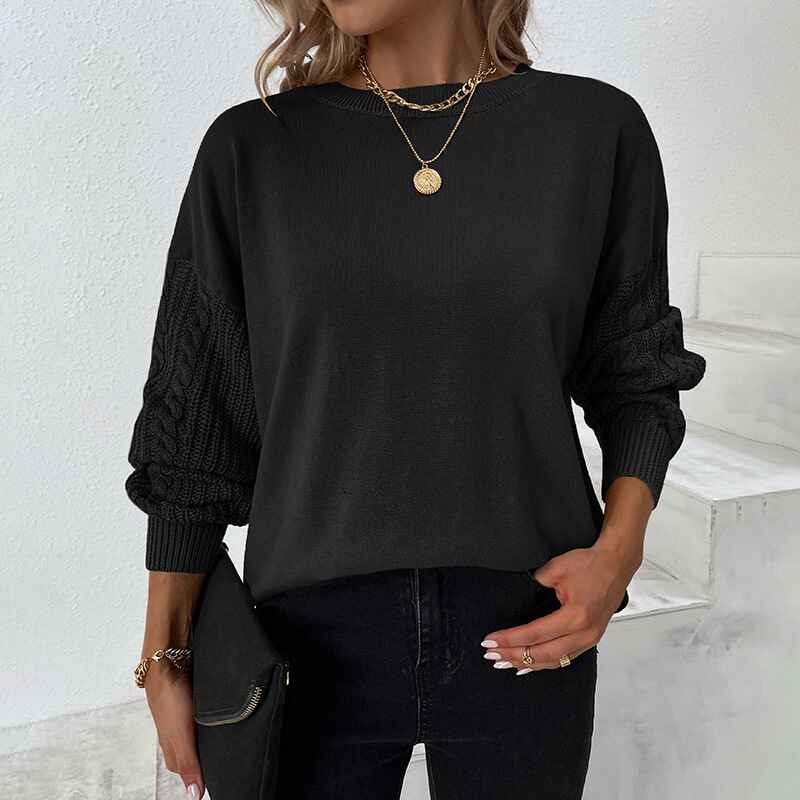 Black-Womens-Crewneck-Long-Sleeve-Drop-Shoulder-Casual-Solid-Cable-Knit-Chunky-Contrast-Pullover-Sweater-Top-K273