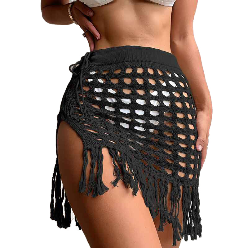 Black-Womens-Crochet-Cover-Up-Skirt-Tassel-Knit-Mini-Beach-Cover-Up-K552