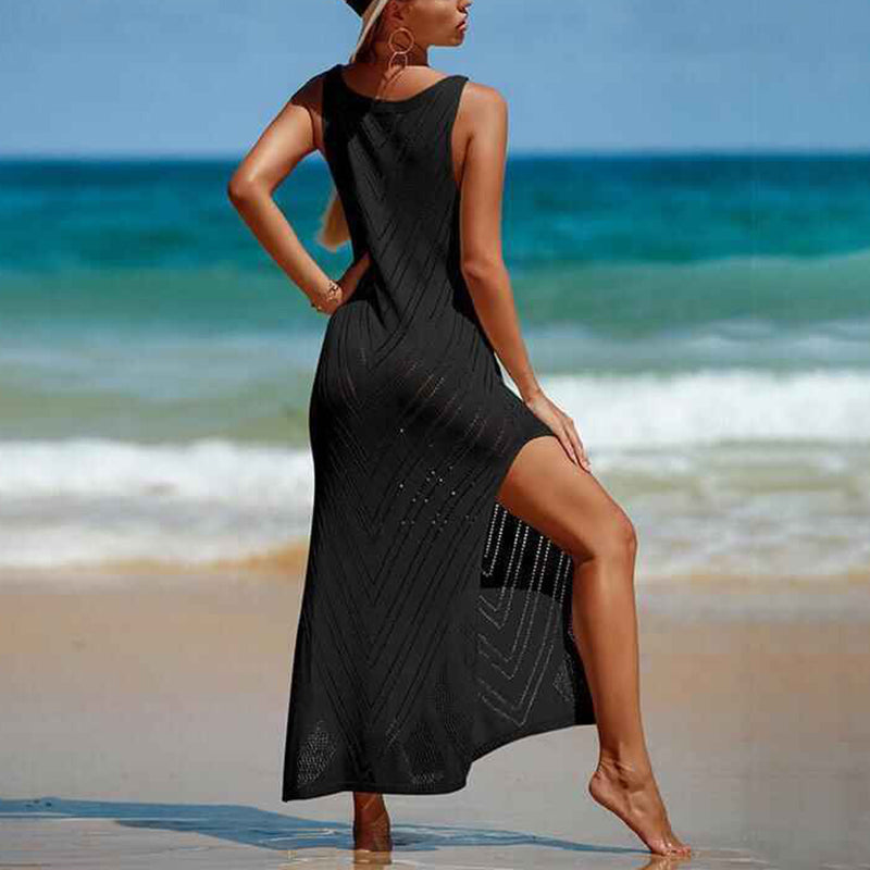    Black-Womens-Crochet-V-Neck-Sleeveless-Cover-Up-Swimwear-Bikini-Long-Maxi-Beach-Dress-Back
