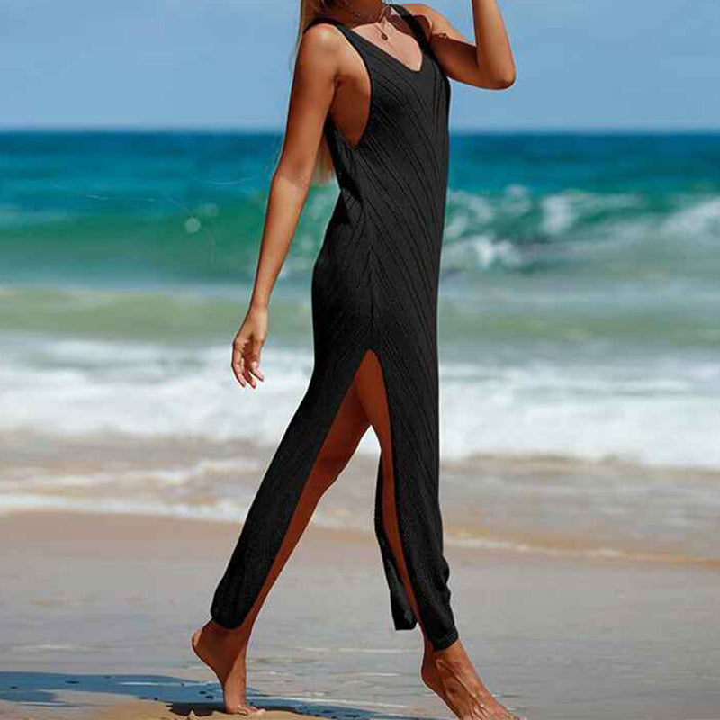     Black-Womens-Crochet-V-Neck-Sleeveless-Cover-Up-Swimwear-Bikini-Long-Maxi-Beach-Dress-Side