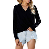 Black-Womens-Deep-V-Neck-Wrap-Sweaters-Long-Sleeve-Crochet-Knit-Pullover-Tops-K196-tops