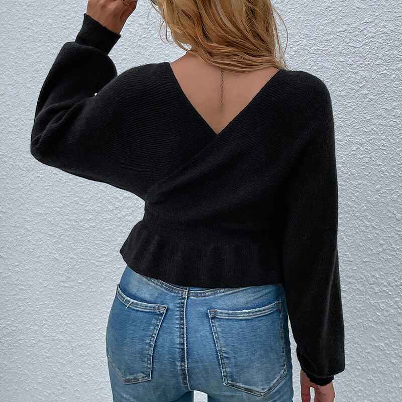 Black-Womens-Deep-V-Neck-Wrap-Sweaters-Long-Sleeve-Crochet-Knit-Pullover-Tops-K297-Front-Back