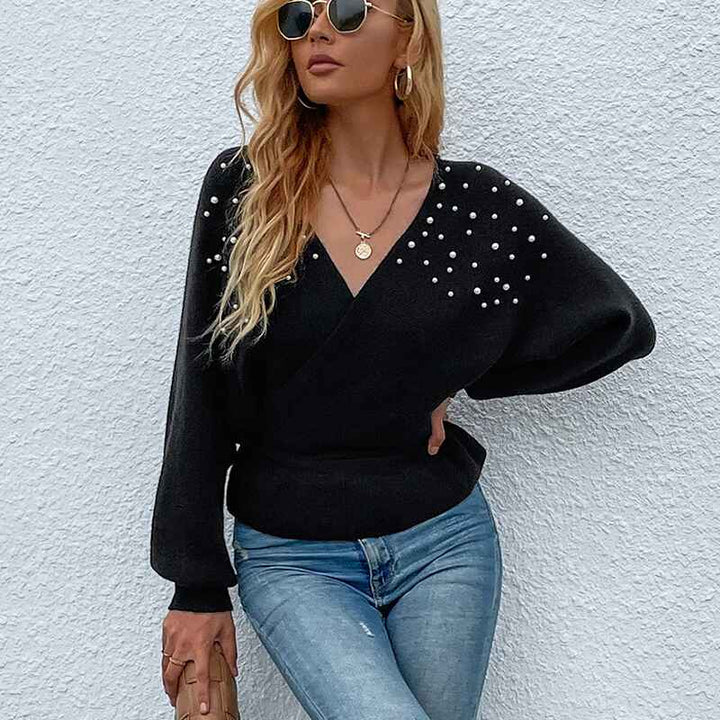 Black-Womens-Deep-V-Neck-Wrap-Sweaters-Long-Sleeve-Crochet-Knit-Pullover-Tops-K297-Front