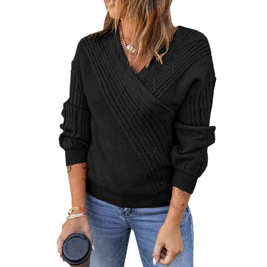     Black-Womens-Elegant-Deep-V-Neck-Wrap-Long-Sleeve-Chunky-Cable-Knit-Jumper-Pullover-Sweaters-K166