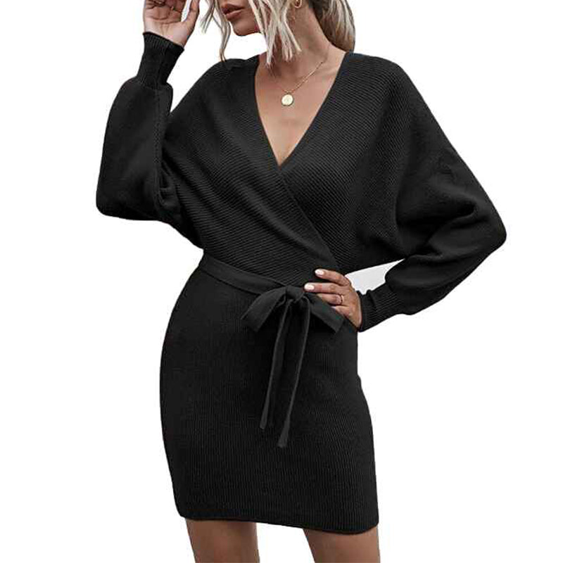 Black-Womens-Elegant-V-Neck-Wrap-Sweater-Dress-Long-Sleeve-Bodycon-Knit-Midi-Dress-with-Belted-K296