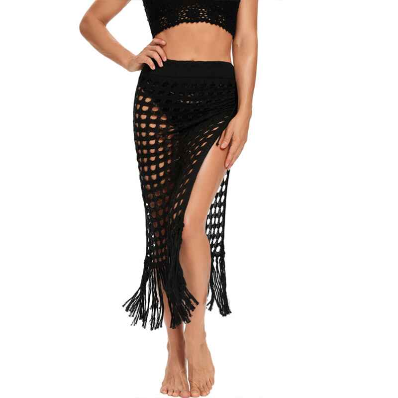 Black-Womens-Fringe-Split-Knitted-Swimsuit-Beach-Crochet-Cover-Up-Skirt-K551-Front