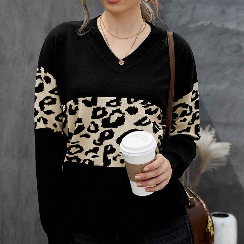    Black-Womens-High-density-Lightweight-Chic-Knit-Pullover-Sweaters-Tunic-Tops-Leopard-Striped-Warm-Soft-Winter-K168-Front