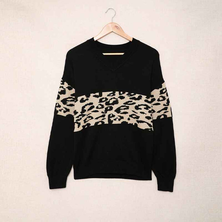    Black-Womens-High-density-Lightweight-Chic-Knit-Pullover-Sweaters-Tunic-Tops-Leopard-Striped-Warm-Soft-Winter-K168