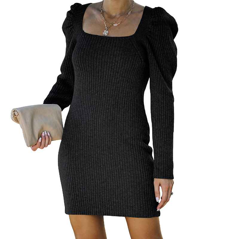 Black-Womens-Knit-Bodycon-Mini-Sweater-Dress-Long-Sleeve-One-Shoulder-Date-Night-Dress-Sexy-Party-Dresses-K212-Front