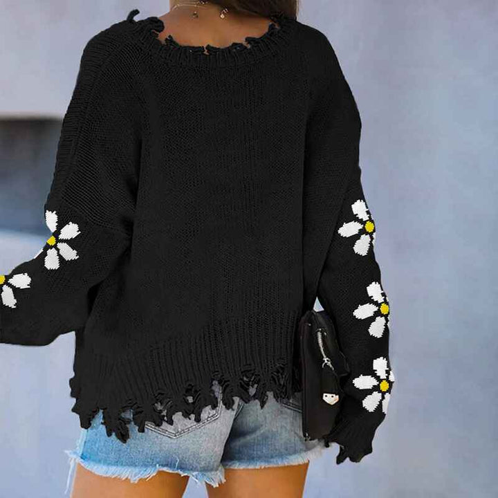 Black-Womens-Knit-Floral-Print-Sweater-Crewneck-Long-Sleeve-Lightweight-Pullover-Sweatshirt-K208-Front